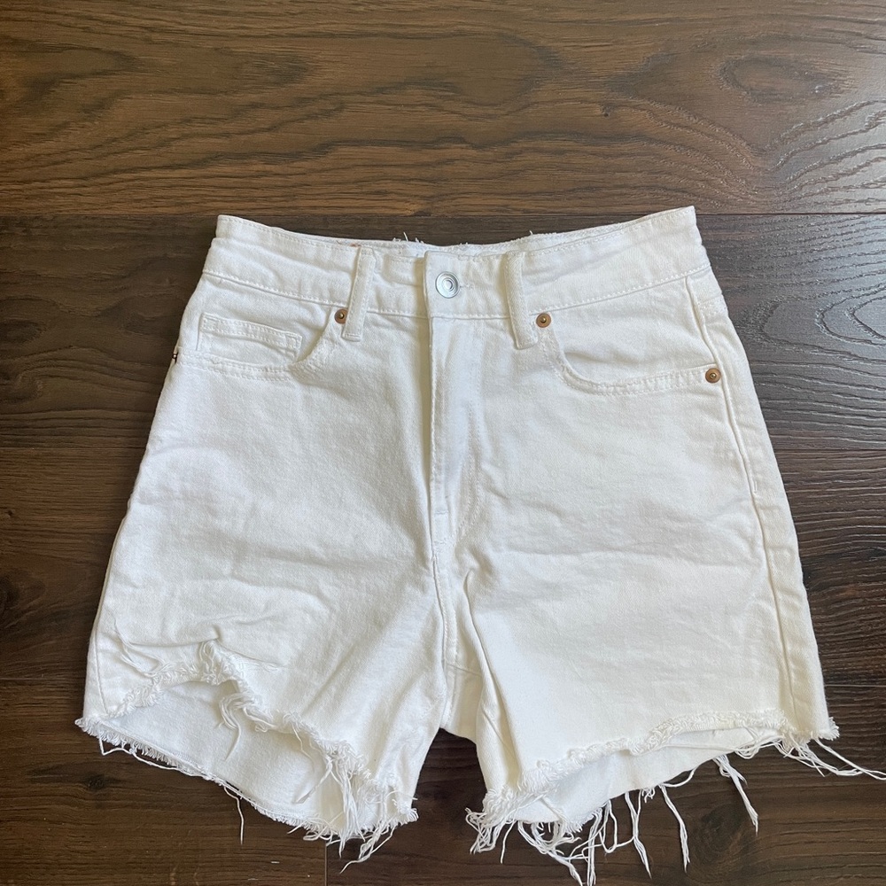 White Distressed Jean Shorts with Frayed Hem
